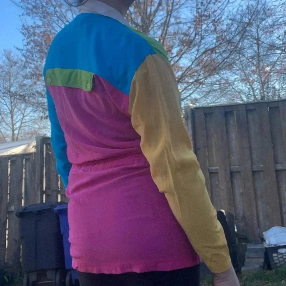 Lightweight Vintage Color block 3/4 Sleeve Silk Button Up Shirt Cinched Waist Sm - Picture 12 of 15